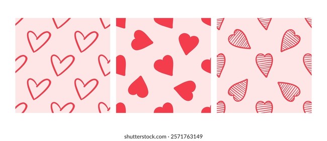 Seamless patterns with red hearts on pink background in doodle style