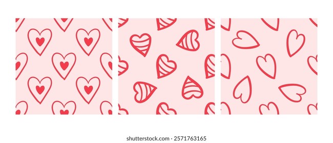 Seamless patterns with red hearts on pink background in doodle style