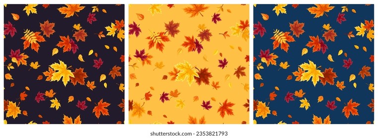 Seamless patterns with red, orange, yellow and brown autumn leaves on orange, blue, and purple backgrounds. Set of vector autumn backgrounds