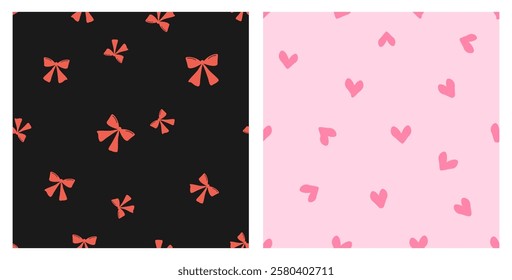 Seamless patterns with red ribbon bows and hand drawn hearts on dark and pink backgrounds vector.