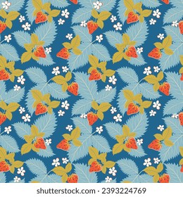Seamless patterns with red Strawberry, white flowers and yellow leaves on blue background. Vector abstract design for paper, cover, fabric, tiled printing, cuisine,interior decor and other use
