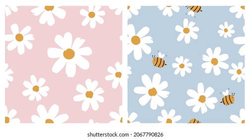 Seamless patterns with retro hand drawn daisies and bee cartoons on pastel pink and blue backgrounds vector illustration. Cute floral prints.