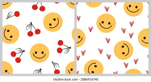 Seamless patterns with retro smiling face, cherry fruit and hand drawn hearts on white backgrounds vector illustration. Cute positive wallpaper.