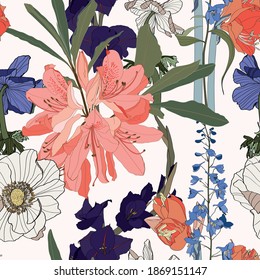 Seamless patterns with Rhododendron Oleander, delphinium, gladiolus and anemones flowers and leaves in violet and orange colors on a white background. 