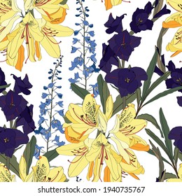 Seamless patterns with Rhododendron Oleander, delphinium, gladiolus flowers and leaves in violet and yellow colors on a white background. 
