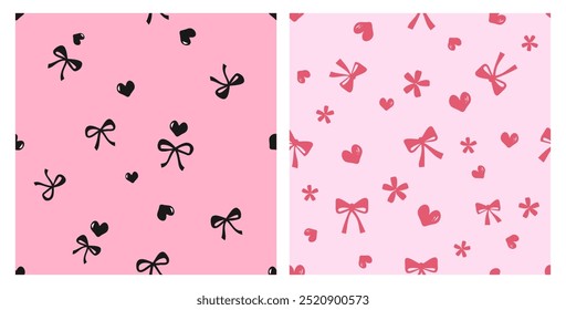 Seamless patterns with ribbon bow, heart and flower on pink backgrounds vector.