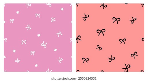 Seamless patterns with ribbon bow and hearts on pink and red backgrounds vector.