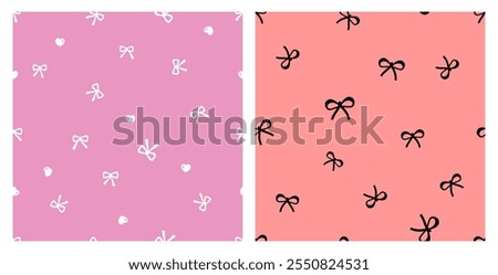 Seamless patterns with ribbon bow and hearts on pink and red backgrounds vector.
