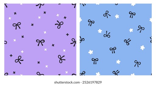 Seamless patterns with ribbon bows and cute flower on purple and blue backgrounds vector.