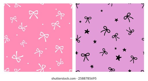 Seamless patterns with ribbon bows, dot and stars on pink and purple backgrounds vector.