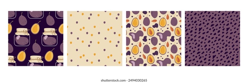 Patrones sin fisuras con mermelada de ciruela madura y formas abstractas. Juego de cuatro. Ciruelas enlatadas. Fondos de Vector planos repetidos para el menú, Fondo de pantalla, papel de embalaje, embalaje, textil. Mercado de agricultores, Comida vegana.