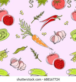 Seamless patterns from ripe vegetables on a pink background.