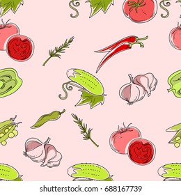 Seamless patterns from ripe vegetables on a pink background.