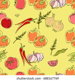Seamless patterns from ripe vegetables on a yellow background.
