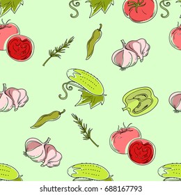 Seamless patterns from ripe vegetables on a green background.