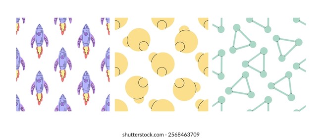 Seamless patterns with rockets, molecules, and abstract yellow circles in flat doodle style