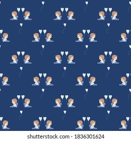 Seamless patterns. Romantic childrens mens collection. Cute angel boys sit with balloons on a blue background. Vector illustration. For valentines, design, textiles, packaging and printing