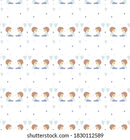 Seamless patterns. Romantic collection. Cute boys sit with balloons and look at each other on a white background with hearts. Vector. For valentines, design, textiles, packaging and printing