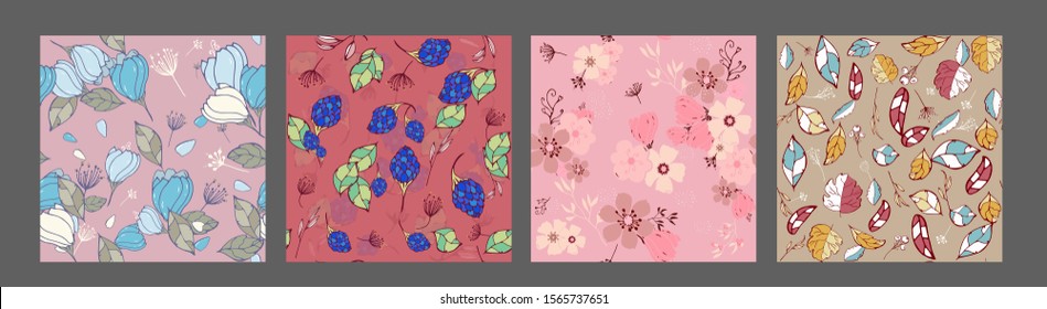 seamless patterns. Romantic flower backgrounds for Valentine's, Mother's or wedding day. Different endless texture for wallpaper, web page, wrapping paper and etc. Retro style.