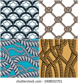 Seamless patterns rope woven vectors set, abstract illustrative backgrounds collection. Endless navy illustrations with fishing net ornament and marine knots. 