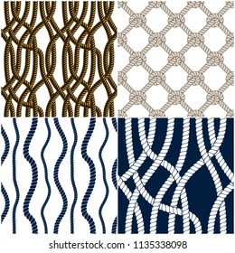 Seamless patterns rope woven vectors set, abstract illustrative backgrounds collection. Endless navy illustrations with fishing net ornament and marine knots. 