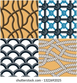 Seamless patterns rope woven vectors set, abstract illustrative backgrounds collection. Endless navy illustrations with fishing net ornament and marine knots.