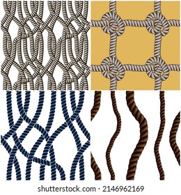 Seamless patterns rope woven vectors set, abstract illustrative backgrounds collection. Endless navy illustrations with fishing net ornament and marine knots.
