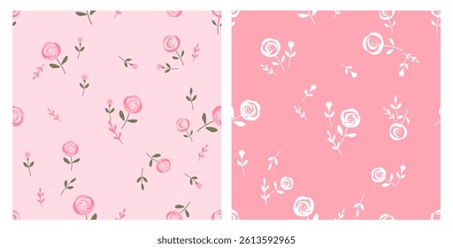 Seamless patterns with rose flower and branch on pink backgrounds vector.