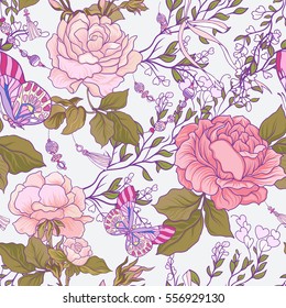 Seamless patterns with rose flowers and butterflies in pink and green colors on white background. Stock vector.
