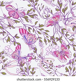Seamless patterns with rose flowers and butterflies in pink and green colors on white background. Stock vector.
