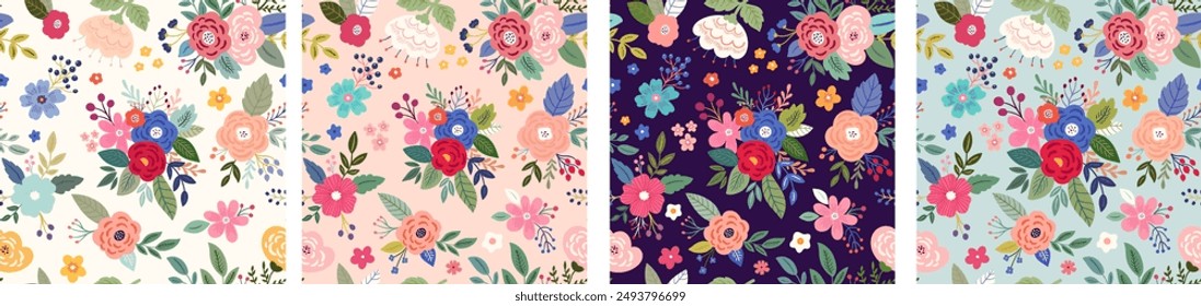 Seamless patterns with roses. Beautiful collection of seamless patterns with flowers, leaves, floral bouquets, flower compositions. Notebook covers