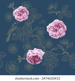 Seamless patterns. Roses and birds. Textile background. Vector graphics.