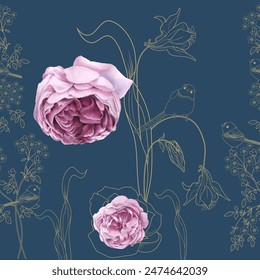Patrones sin fisuras. Rosas y aves. Fondo textil. Vector gráfico.