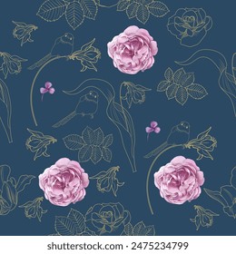 Seamless patterns. Roses and birds. Textile background. Vector graphics.