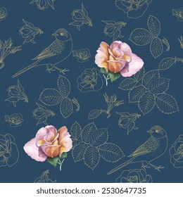Seamless patterns. Roses and birds. Textile background. Vector graphics.