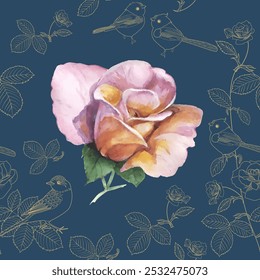 Padrões perfeitos. Rosas e pássaros. Fundo têxtil. Gráficos vetoriais.
