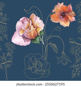 Seamless patterns. Roses and birds. Textile background. Vector graphics.
