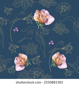 Seamless patterns. Roses and birds. Textile background. Vector graphics.
