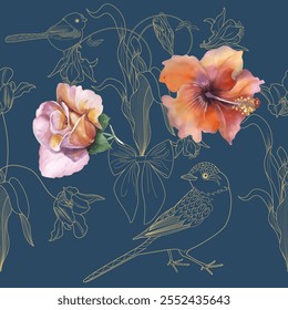 Seamless patterns. Roses and birds. Textile background. Vector graphics.
