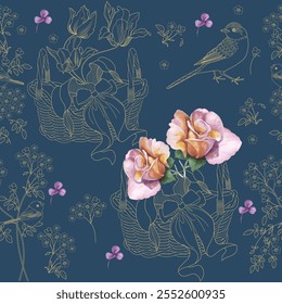 Seamless patterns. Roses and birds. Textile background. Vector graphics.

