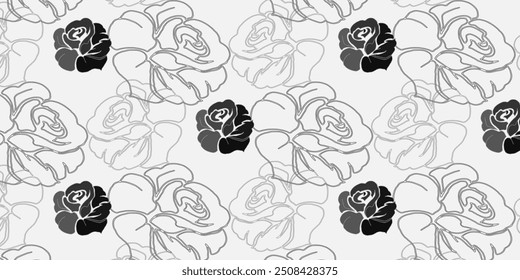 SEAMLESS PATTERNS OF ROSES AND CONTOURS. FLOWERS AND PATTERNS
