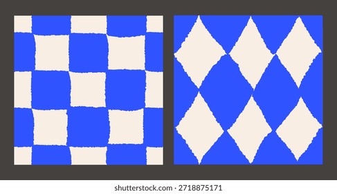 Patrones sin fisuras cuadrados azules ásperos del tablero de ajedrez y conjunto de Vector del rombo de las Formas del diamante dibujadas a mano