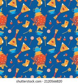 Seamless patterns with Russian attributes and characters. They can be used for printing on fabric, creativity, packaging paper.