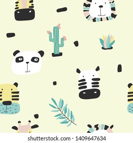 Seamless patterns with safari animals.  Hand drawn illustrations in scandinavian style. Yellow background. 