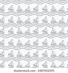 Seamless patterns with sailboats on the waves. On a light background. Textile print