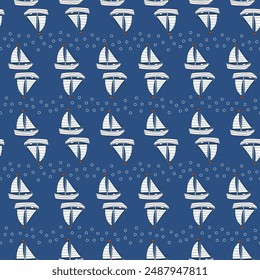 Seamless patterns with sailboats in sketch style and white fill. Textile print on a light blue background