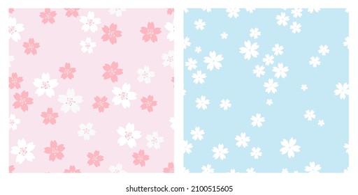 Seamless patterns with Sakura flower on pink and blue backgrounds vector illustration.