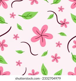Patrones sin foco de flores, plantas y productos botánicos sakura sobre fondo rosa suave. Adecuado para la moda, la tela, el papel pintado y todas las impresiones. ilustración vectorial