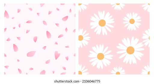 Patrones sin foco con pétalos de Sakura y flor de margarita sobre fondo rosa ilustración vectorial. Papel de pared floral de primavera.