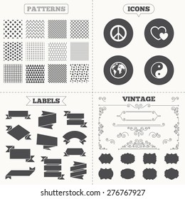 Seamless patterns. Sale tags labels. World globe icon. Ying yang sign. Hearts love sign. Peace hope. Harmony and balance symbol. Vintage decoration. Vector